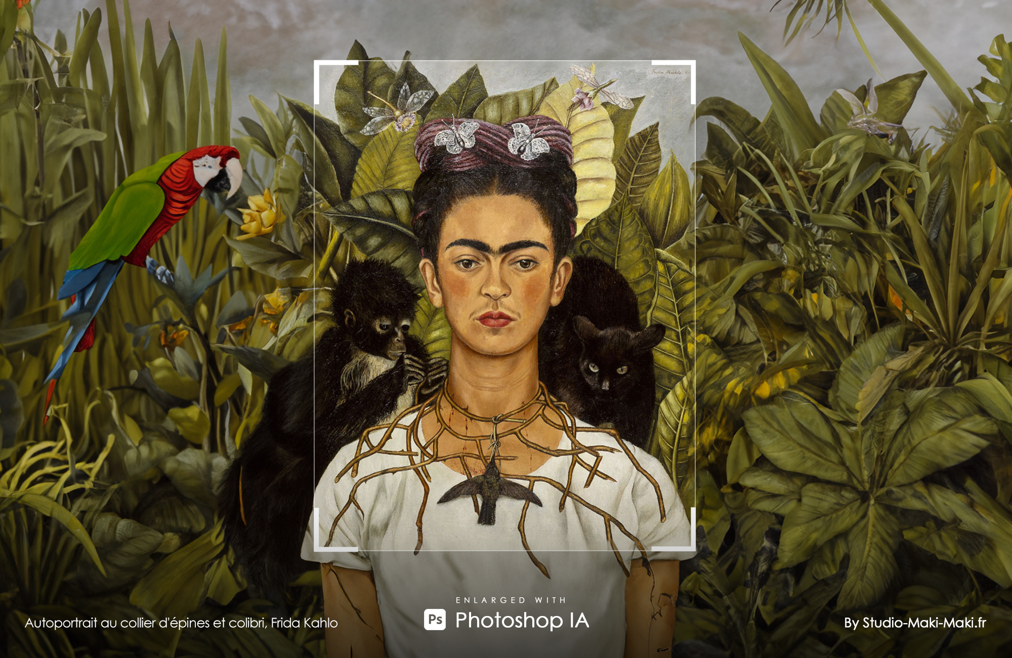 Autoportrait au collier d'épines et colibri, Frida Kahlo - Enlarged with Photoshop IA - By Studio Maki Maki