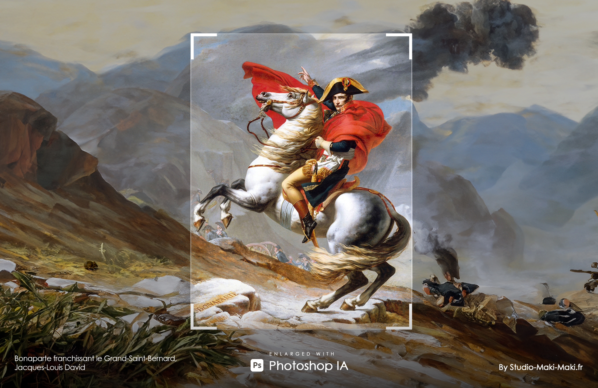 Bonaparte franchissant le Grand-Saint-Bernard, Jacques-Louis David - Enlarged with Photoshop IA - By Studio Maki Maki